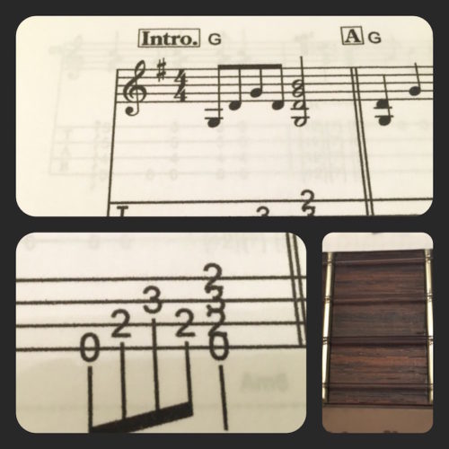 上部：楽譜　左下：Tab譜　右下：ウクレレのフレット